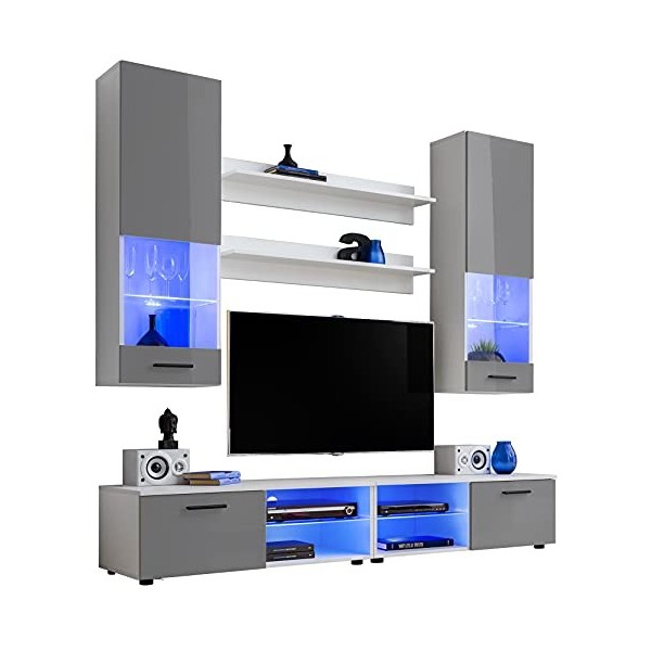ExtremeFurniture Vida Meuble TV, Carcasse en Blanc Mat/Façade en Gris Brillant + LED Multicolores avec télécommande