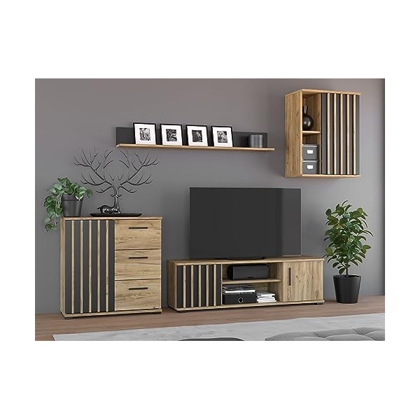 Série Montana - Ensemble n°4 : Meuble TV, Commode, Placard, étagère - Noir et Craft/Lamelles - Fabrication Européenne