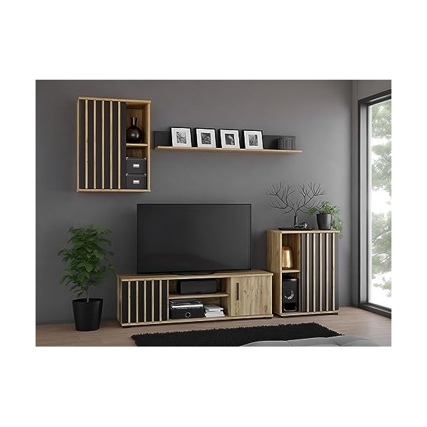 Série Montana - Ensemble n°4 : Meuble TV, Commode, Placard, étagère - Noir et Craft/Lamelles - Fabrication Européenne