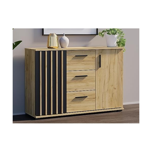 Série Montana - Ensemble n°4 : Meuble TV, Commode, Placard, étagère - Noir et Craft/Lamelles - Fabrication Européenne