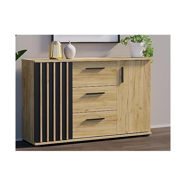 Série Montana - Ensemble n°4 : Meuble TV, Commode, Placard, étagère - Noir et Craft/Lamelles - Fabrication Européenne