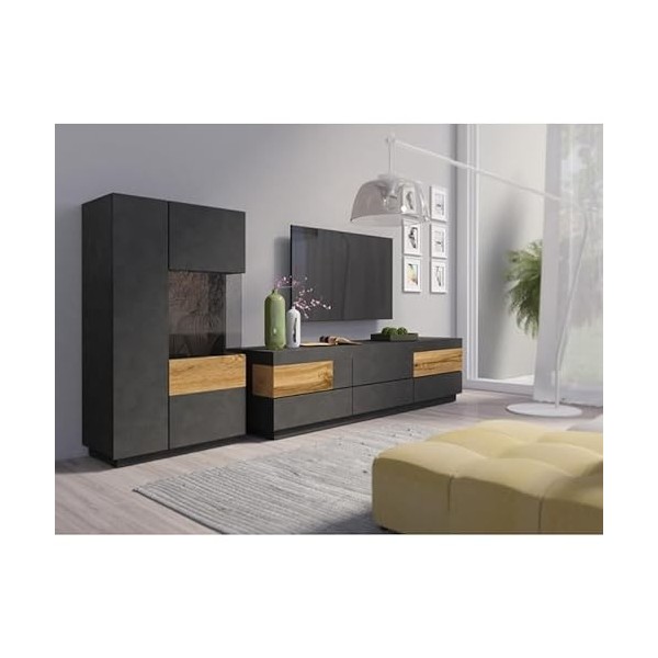 PRICE FACTORY just for you Meuble TV XL 200cm Collection KILES. Coloris Gris Anthracite et chêne. Style Design.