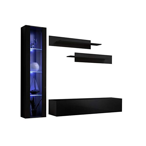 MB Muebles Bonitos | Ensemble de Meubles TV | Mur de Rangement | Meuble Salon | Suspendu avec LED | Noir Finition Brillante |