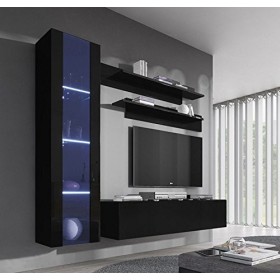 MB Muebles Bonitos | Ensemble de Meubles TV | Mur de Rangement | Meuble Salon | Suspendu avec LED | Noir Finition Brillante |