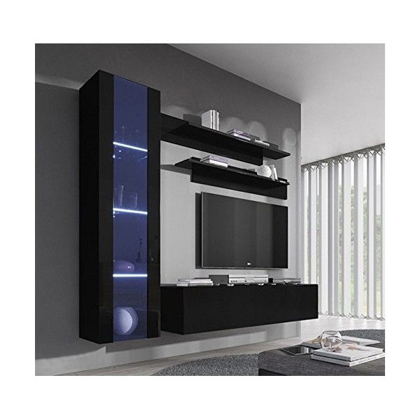 MB Muebles Bonitos | Ensemble de Meubles TV | Mur de Rangement | Meuble Salon | Suspendu avec LED | Noir Finition Brillante |