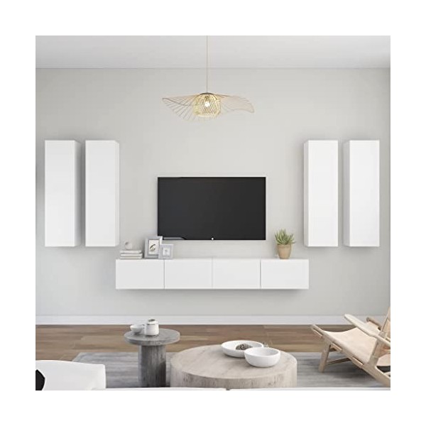 GuyAna Ensemble de Meuble TV 6 pcs Blanc Aggloméré,Meuble TV,Table Basse Salon Meuble TV,Table Basse LED Couleurs