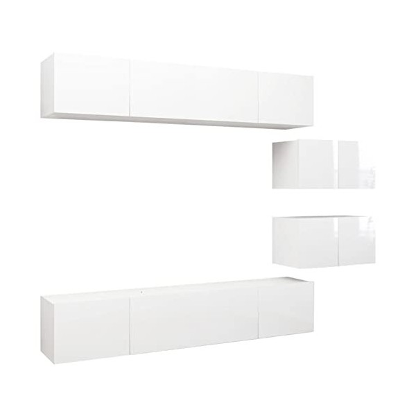 GuyAna Ensemble de Meuble TV 6 pcs Blanc Brillant Aggloméré,Meuble TV,Table Basse Salon Meuble TV,Table Basse LED Couleurs