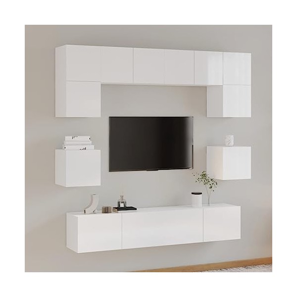 ARKEM Ensemble de Meubles TV 8 pcs Blanc Brillant Bois dingénierie,Meuble TV,Table Basse Salon Meuble TV,Table Basse LED Cou