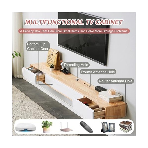 Étagère TV Flottante avec 2 Tiroirs, Console Multimédia De Divertissement, Meuble TV Flottant avec Rangement, pour Chambre À 