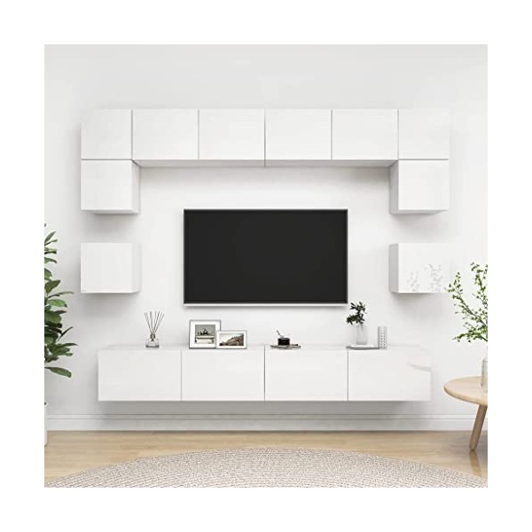 Ensemble de Meuble TV 8 pcs Blanc Brillant Aggloméré - Armoire Basse Centre de Divertissement Meuble Stéréo Salon Salle de Sé