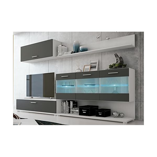 PEGANE Set de TV, Meuble TV, étagère Haute, Meuble Haut, vitrine LED Coloris Blanc, Graphite