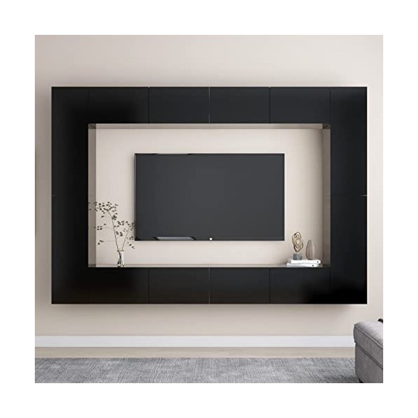 Tidyard Ensemble de Meubles TV Lot de 8 Noir Aggloméré, Banc TV avec Compartiments de Stockage, Montage Mural Support de Télé