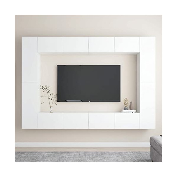 Tidyard Ensemble de Meubles TV Lot de 8 Noir Aggloméré, Banc TV avec Compartiments de Stockage, Montage Mural Support de Télé
