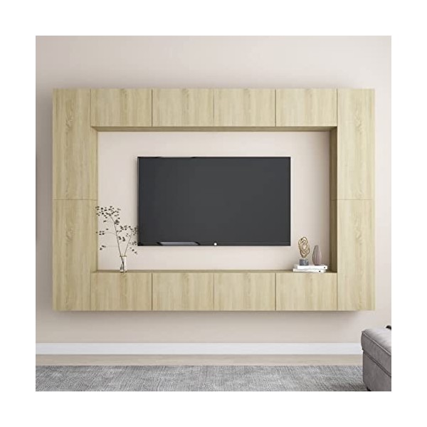 Tidyard Ensemble de Meubles TV Lot de 8 Noir Aggloméré, Banc TV avec Compartiments de Stockage, Montage Mural Support de Télé