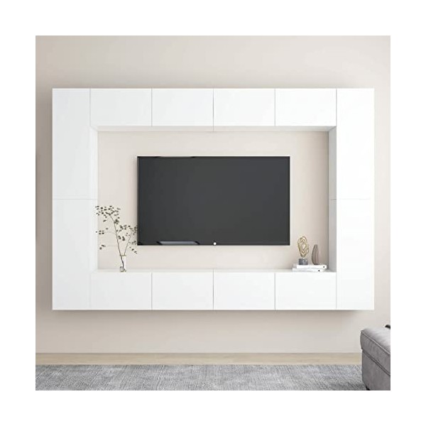 Tidyard Ensemble de Meubles TV Lot de 8 Noir Aggloméré, Banc TV avec Compartiments de Stockage, Montage Mural Support de Télé