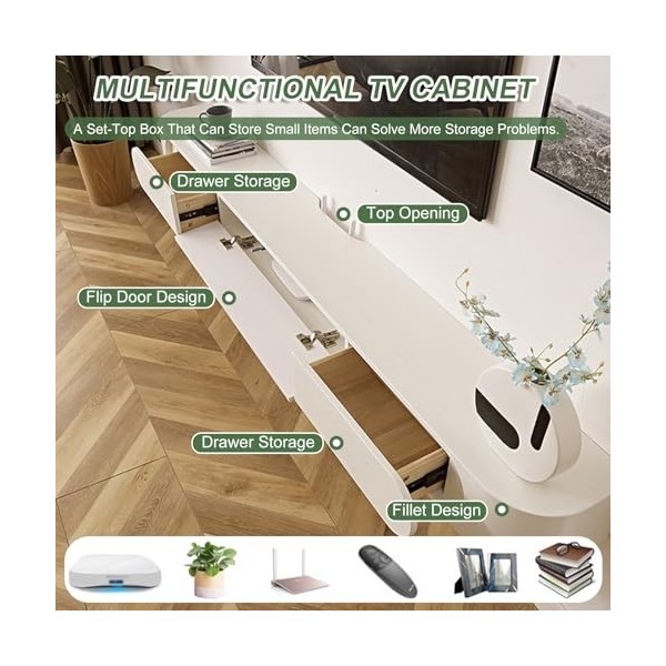 Meuble TV Blanc pour Petit Appartement De 62,9 Pouces, Meuble De Rangement Mural Moderne, Unité TV Flottante, Centre De Diver