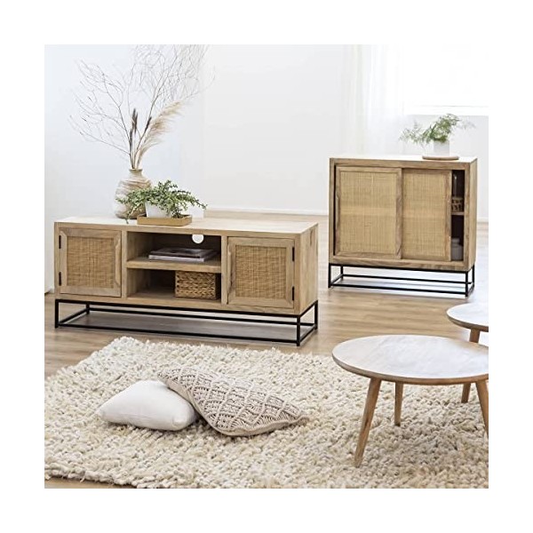 Made In Meubles Meuble TV en Bois de manguier et cannage Basile - Meuble TV 40 x 130 x 55 cm