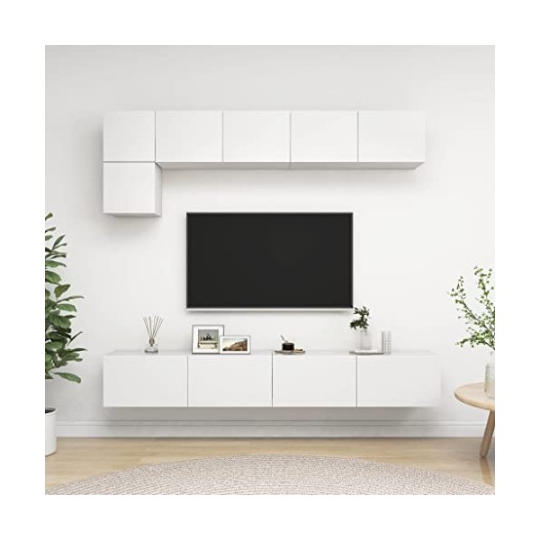 lvssiao Meuble TV pour salon 5 pièces en aggloméré Blanc très résistant Module TV pour chambre à coucher salon