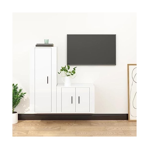 Meuble TV 2 pièces en bois blanc brillant