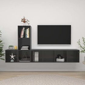 DCRAF Home Hardware Businese Meuble TV 3 pièces en bois Gris brillant