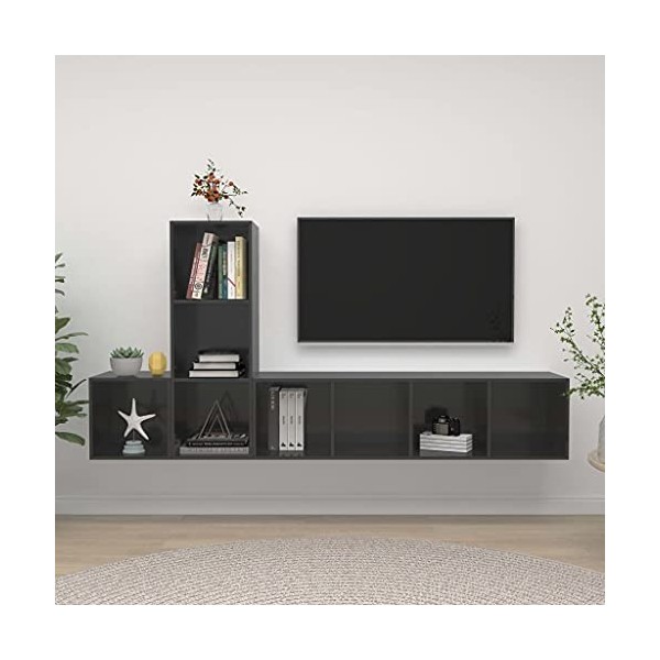 DCRAF Home Hardware Businese Meuble TV 3 pièces en bois Gris brillant