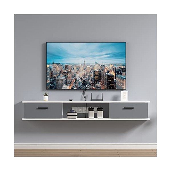 Meuble TV Mural Meuble TV Flottant Centre de Divertissement Mural Meuble TV avec 2 Portes, Salon Chambre Etagère Murale TV po