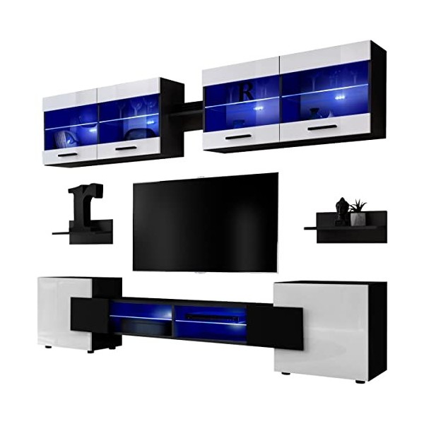 ExtremeFurniture Vision Ensemble Meuble TV Mural de Salon | 2 vitrines suspendues, 3 étagères murales et 1 Meuble TV | Pratiq