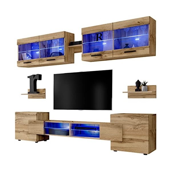 ExtremeFurniture Vision Ensemble Meuble TV Mural de Salon | 2 vitrines suspendues, 3 étagères murales et 1 Meuble TV | Pratiq
