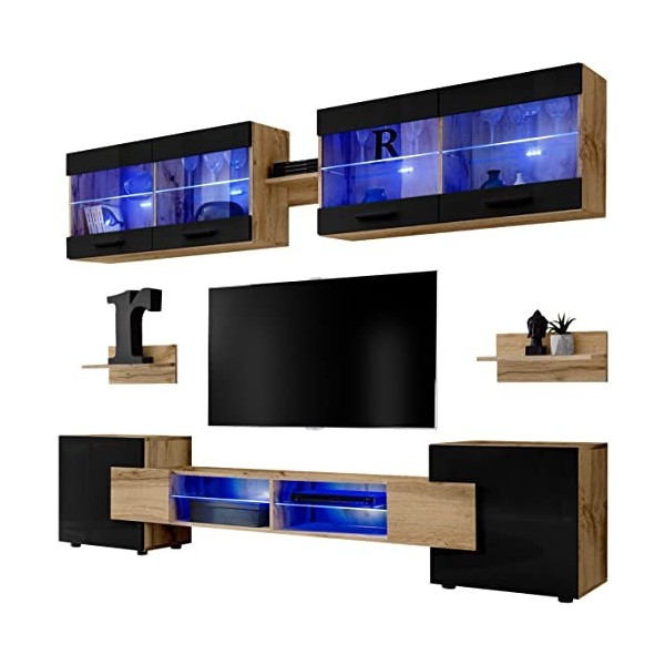 ExtremeFurniture Vision Ensemble Meuble TV Mural de Salon | 2 vitrines suspendues, 3 étagères murales et 1 Meuble TV | Pratiq