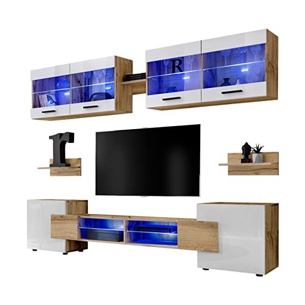 ExtremeFurniture Vision Ensemble Meuble TV Mural de Salon | 2 vitrines suspendues, 3 étagères murales et 1 Meuble TV | Pratiq