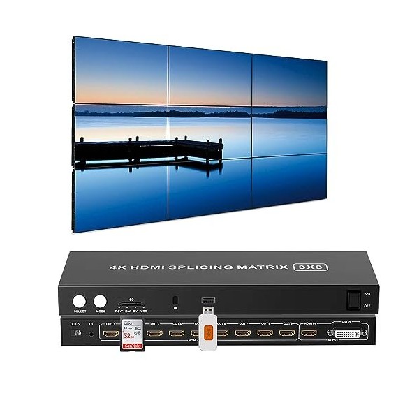 GKRONG Contrôleur de mur vidéo HDMI 3x3, 4 entrées et 9 sorties, supportant les entrées 4K, sortie 1080P, 13 modes daffichag