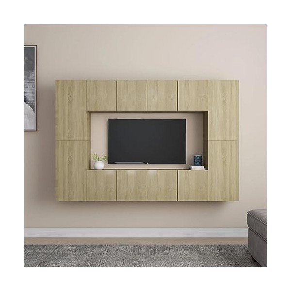 Tidyard Ensemble de Meubles TV Lot de 8 Blanc Brillant Aggloméré, Banc TV avec Compartiments de Stockage, Montage Mural Suppo