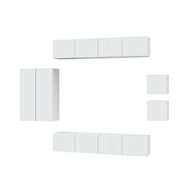 GuyAna Ensemble de Meubles TV 8 pcs Blanc Brillant Bois dingénierie,Meuble TV,Table Basse Salon Meuble TV,Table Basse LED Co