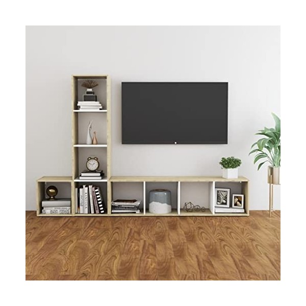 WOODEY Meuble TV 3 pièces Blanc et chêne Sonoma Meuble en bois dingénierie