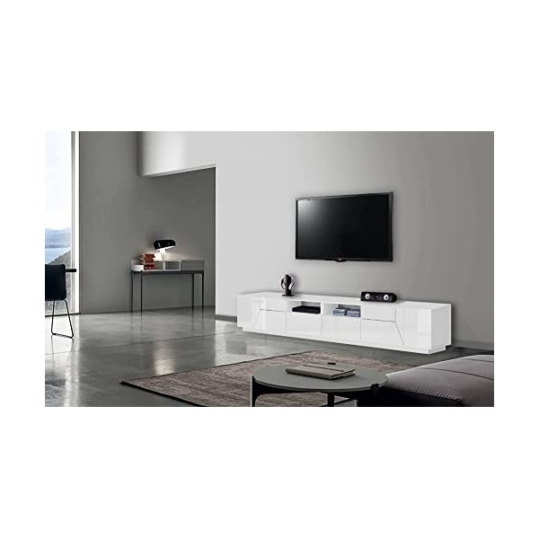 Dmora séjour Meuble, Made in Italy, Support pour TV de Salon à 4 Portes géométriques et 2 tiroirs, 260 x 43 h46, Blanc Brilla