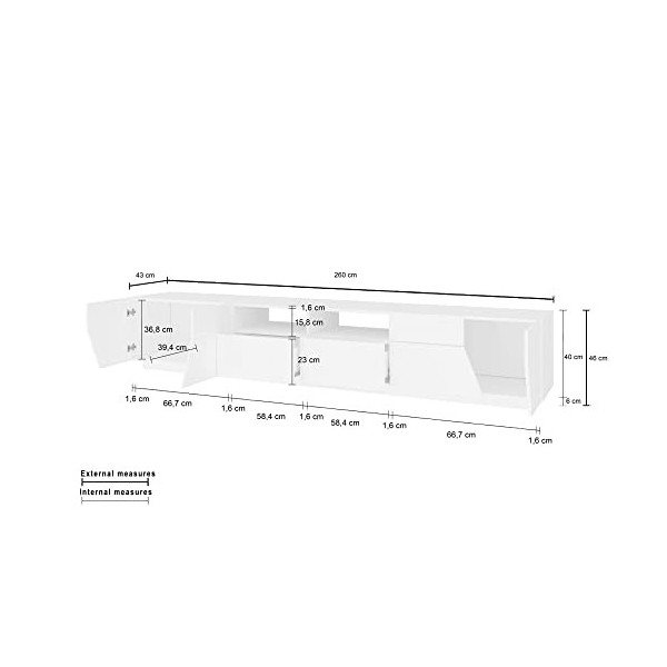Dmora séjour Meuble, Made in Italy, Support pour TV de Salon à 4 Portes géométriques et 2 tiroirs, 260 x 43 h46, Blanc Brilla