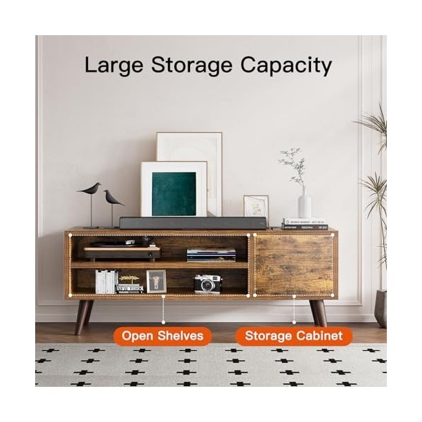 AM alphamount Meuble TV rétro pour téléviseurs jusquà 55, marron rustique pour médias, support TV moderne du milieu du siècl