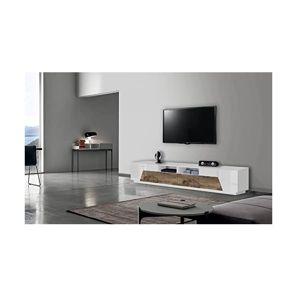 Dmora séjour Meuble, Made in Italy, Support pour TV de Salon à 4 Portes géométriques et 2 tiroirs, 260 x 43 h46, Brillant, Bl