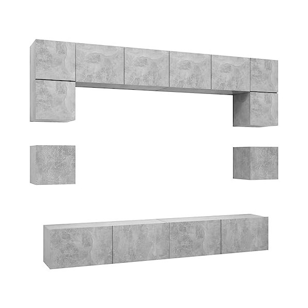 Camerina Ensemble de Meuble TV 8 pcs Gris béton Aggloméré,Meuble TV Étagère,Meuble dangle TV,Meuble Haut Salon