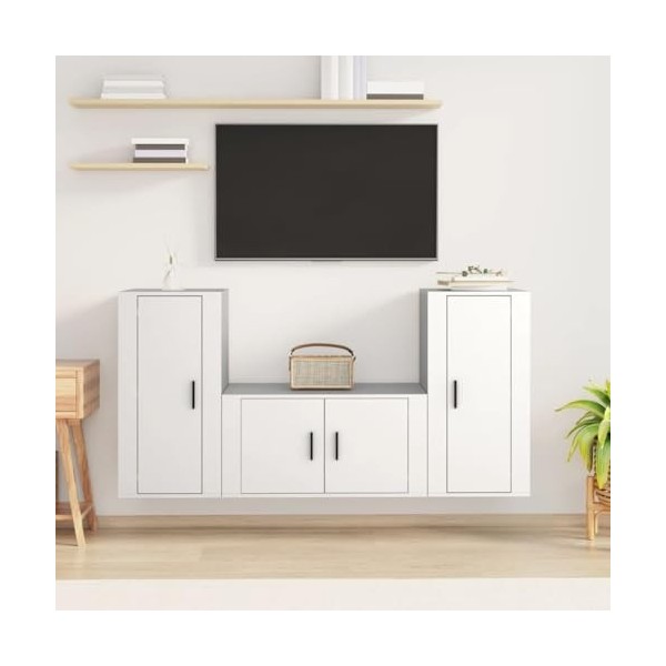 DCRAF Home Hardware Businese Meuble TV 3 pièces en bois dingénierie Blanc