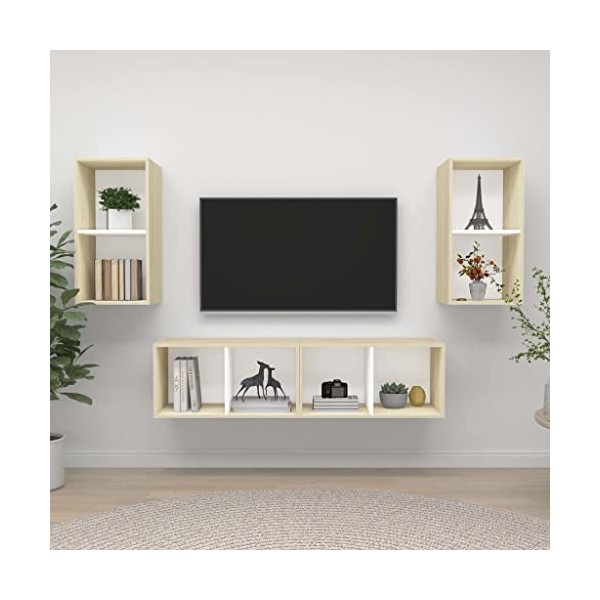 Meuble TV mural 4 pièces en bois blanc et chêne sonoma