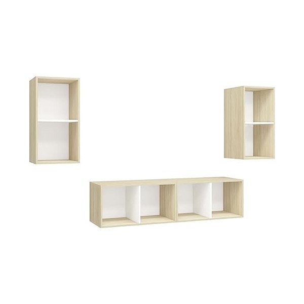 Meuble TV mural 4 pièces en bois blanc et chêne sonoma