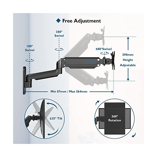 BONTEC Support Mural Ecrans PC pour 2 Moniteurs de 13 à 27 Pouces jusquà 8 kg, Bras Moniteur de Ressort à Gaz Hauteur Réglab