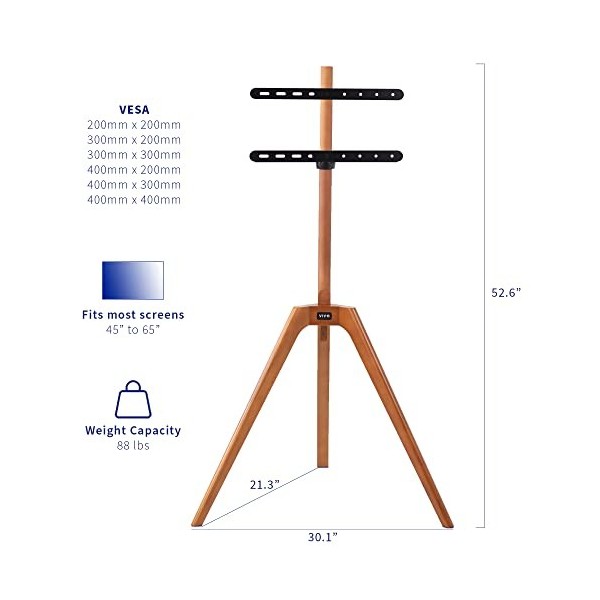 VIVO Chevalet en bois pour TV avec écran LCD LED de 45 à 65 pouces, support TV de studio, support TV réglable avec pivot et b