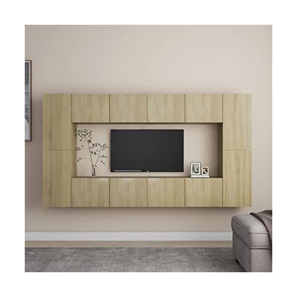 Tidyard Ensemble de Meubles TV Lot de 8 Blanc Aggloméré, Banc TV avec Compartiments de Stockage, Montage Mural Support de Tél
