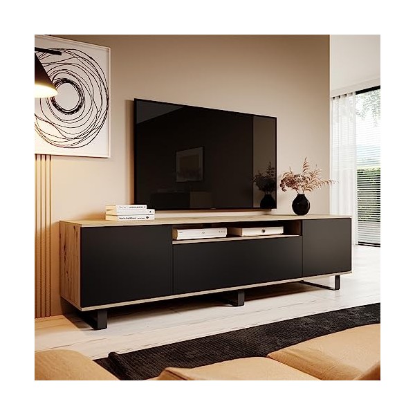 Petits-meubles Meuble TV 3 Portes 200 cm Keen Bois et Noir