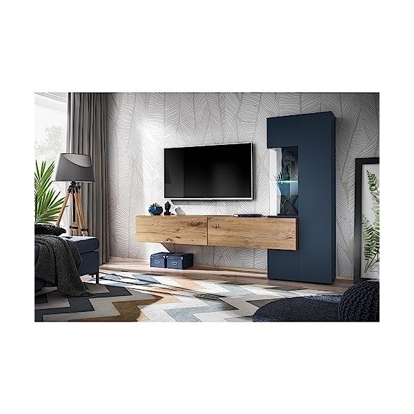 PRICE FACTORY just for you Composition Murale Collection Mariano Coloris Bleu Marine et chêne. LED incluses. Meuble TV Design