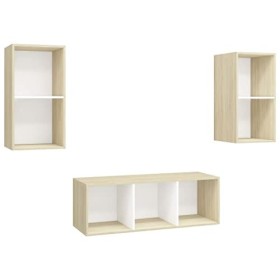 Meuble TV 3 pièces en bois blanc et chêne sonoma