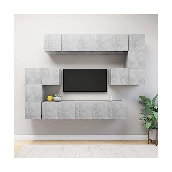 GuyAna Ensemble de Meuble TV 10 pcs Gris béton Aggloméré,Meuble TV,Table Basse Salon Meuble TV,Table Basse LED Couleurs