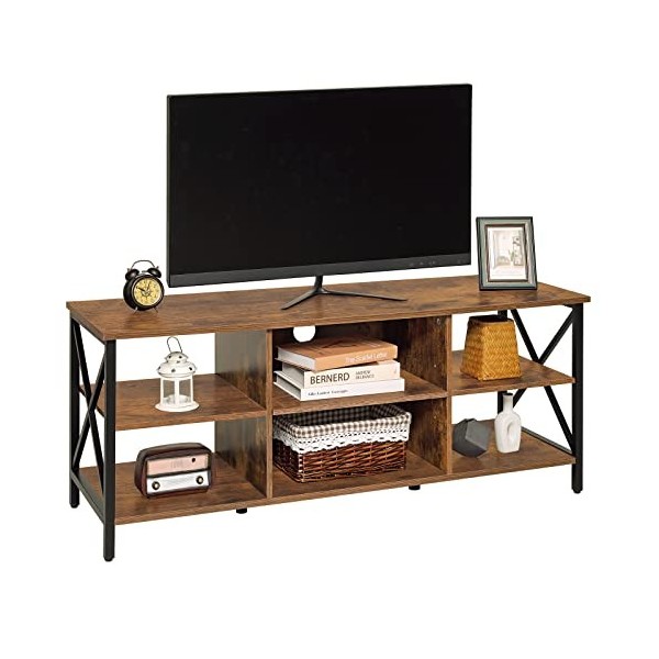WEENFON Meuble TV industriel pour TV de 140 cm, centre de divertissement multimédia rétro avec 6 étagères de rangement, armoi